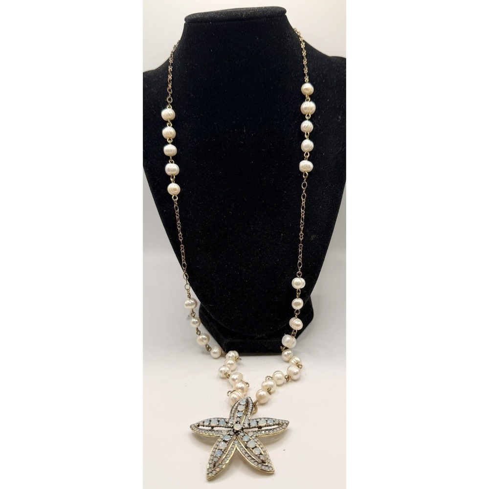 Vintage Tommy Bahama Starfish Pendant Necklace Pearl Beads Gold Tone 32"